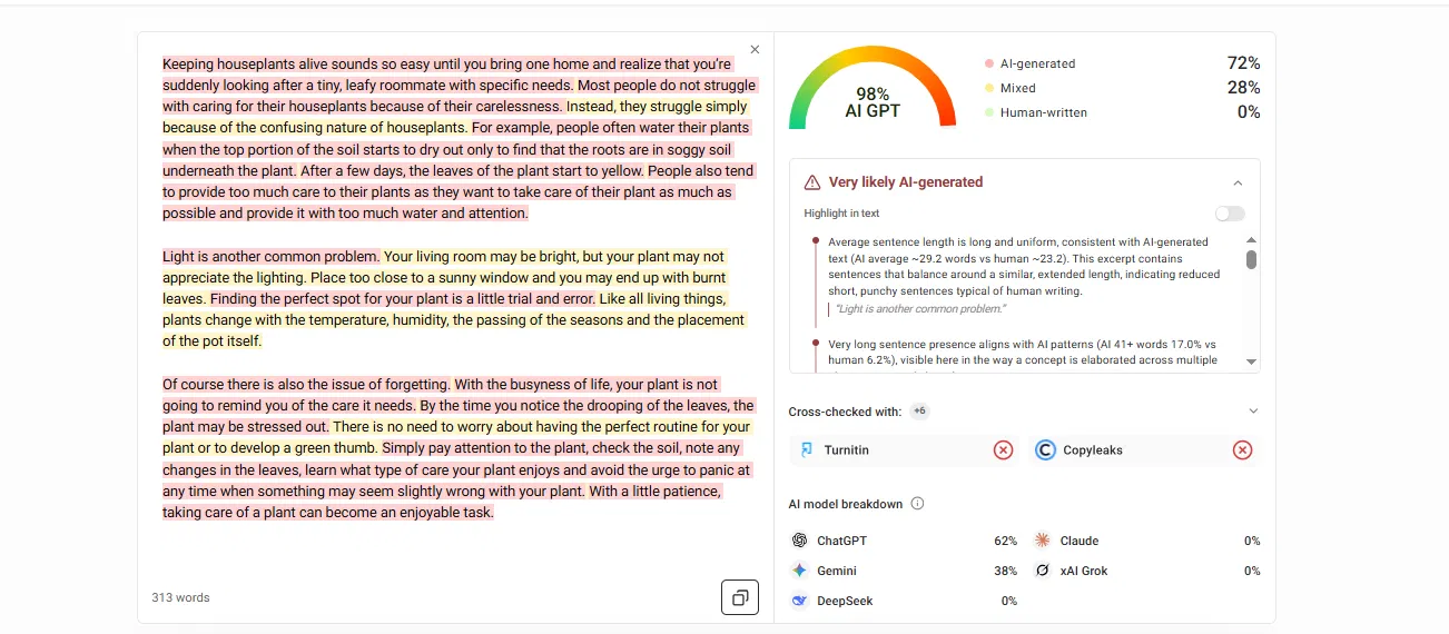 GPTZero showing 98% AI on the Grubby rewrite of the casual sample