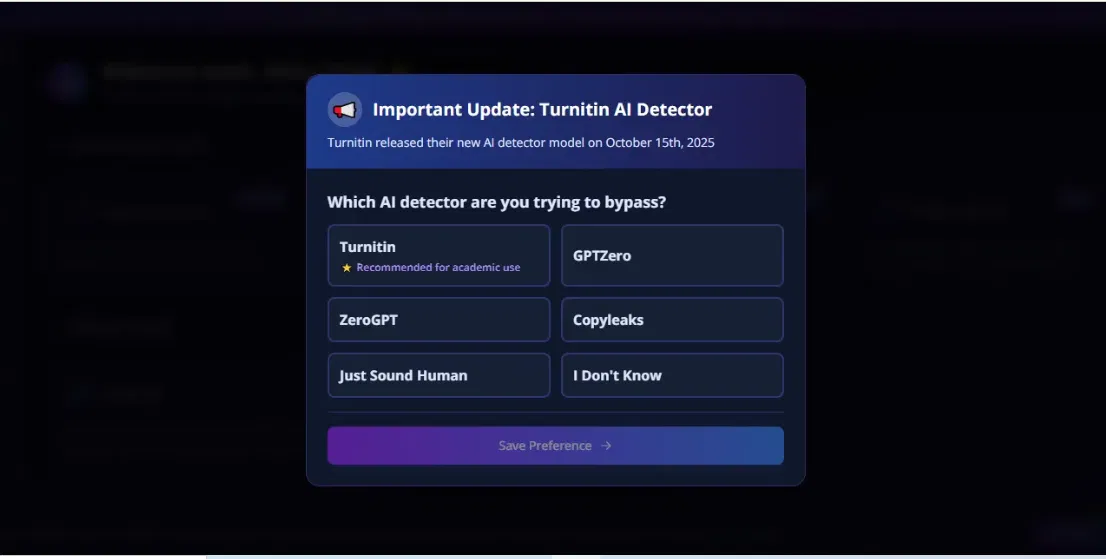 Grubby AI setup screen listing Turnitin, GPTZero, ZeroGPT and Copyleaks as targets