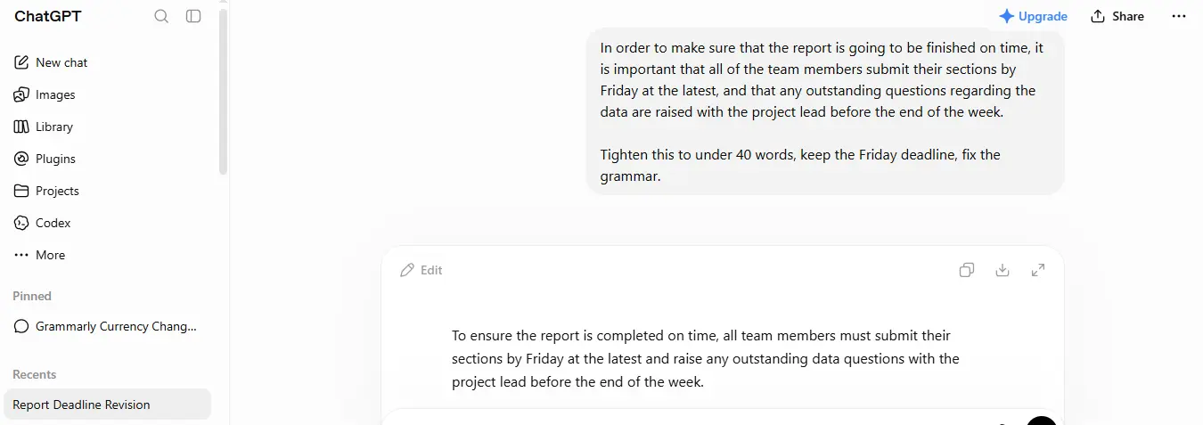 A wordy paragraph and its shorter AI rewrite side by side in a chat window