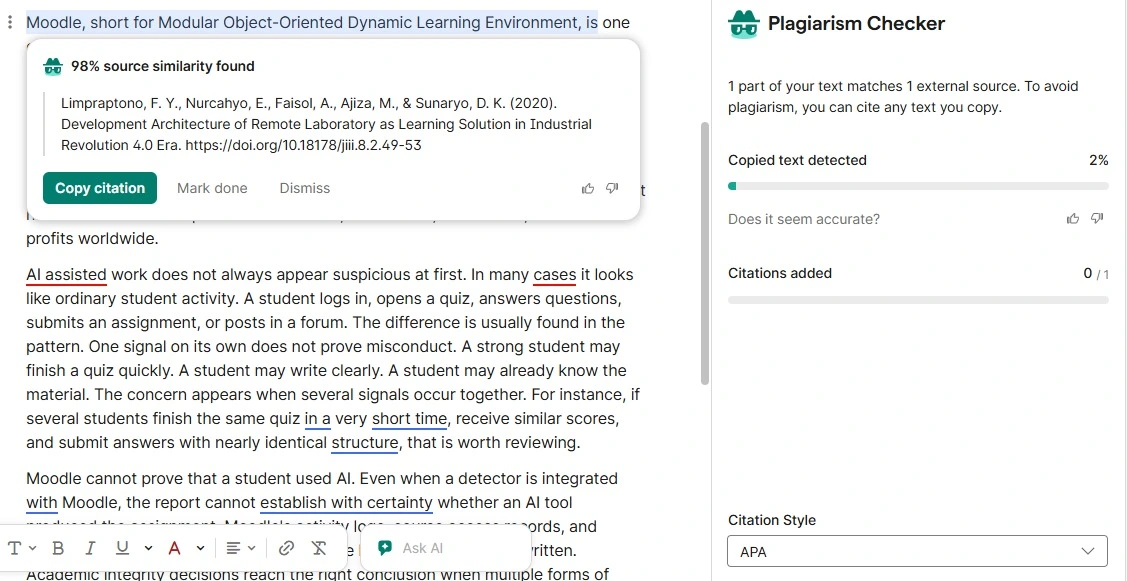Grammarly plagiarism checker patchwork plagiarism showing a 2 percent match.