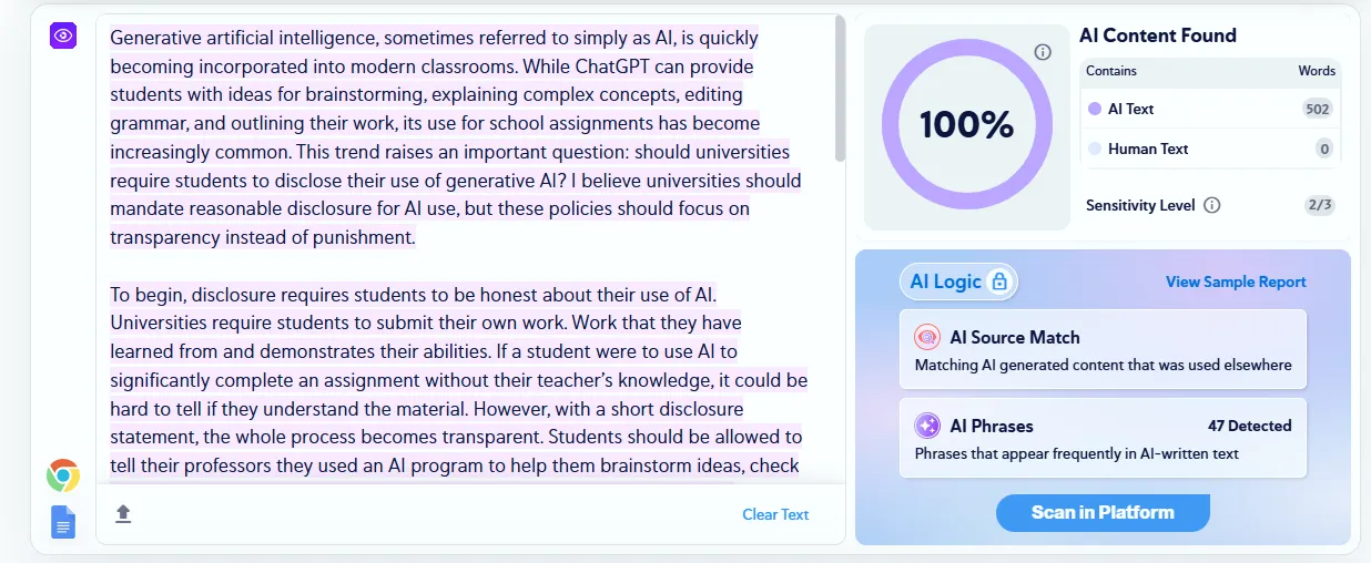 Human Plus AI Content Result Copyleaks