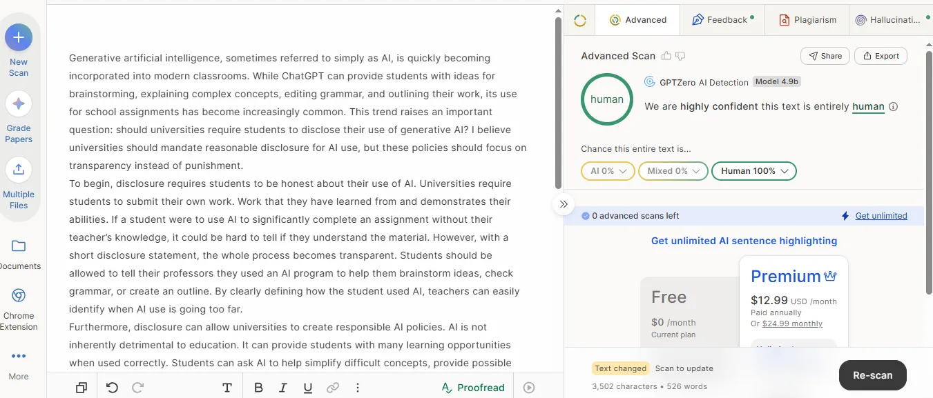 Human written content GPTZero Result