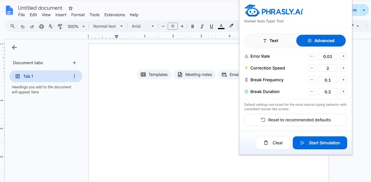 Advanced tab of the Phrasly Human Auto Typer showing error rate, correction speed, break frequency, and break duration controls