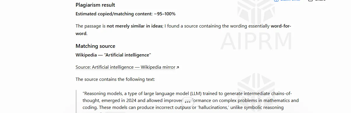 ChatGPT plagiarism check result for Sample 1