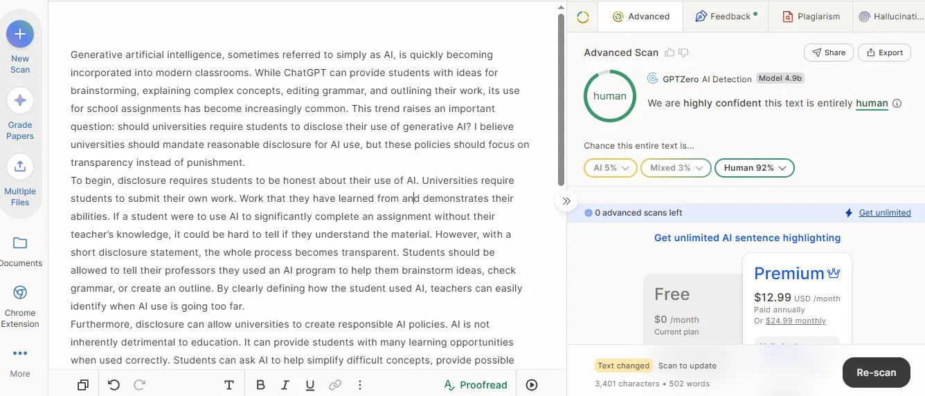 Human plus AI Content GPTZero Result