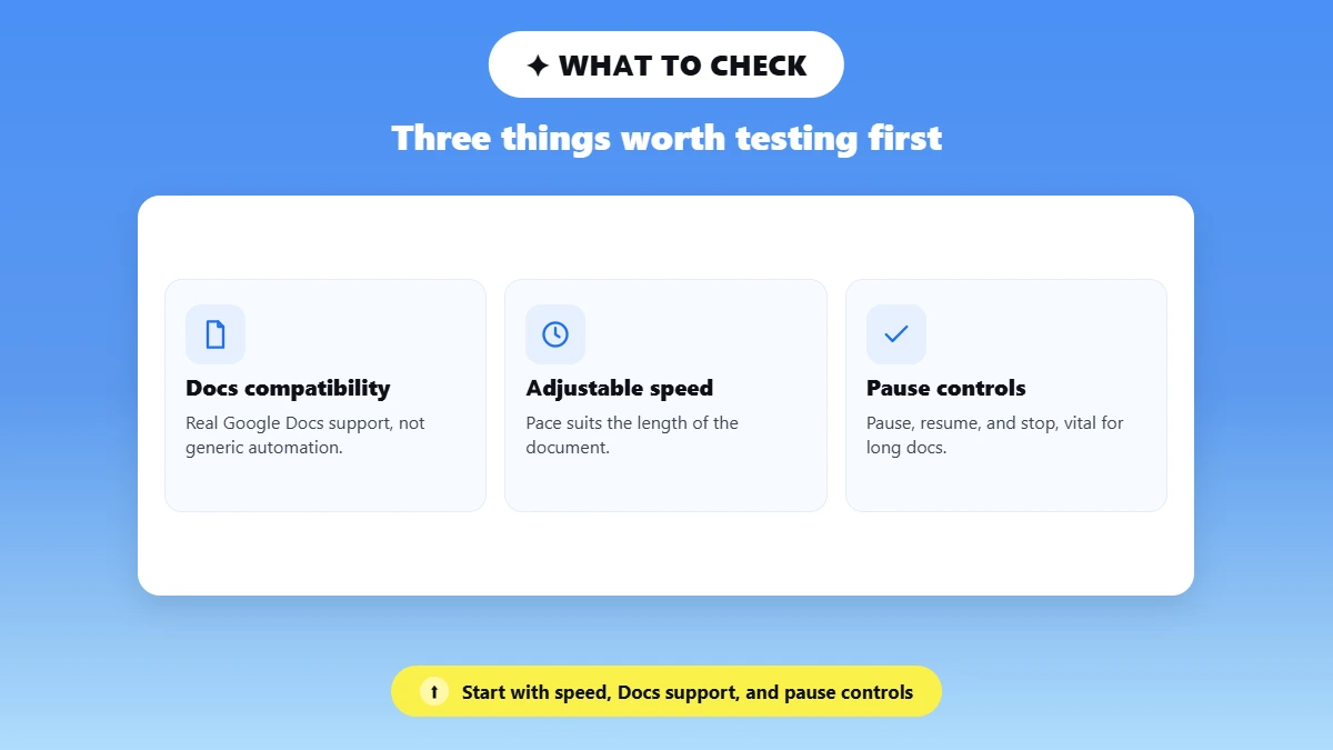 three icon tiles listing what to check in a human auto typer extension