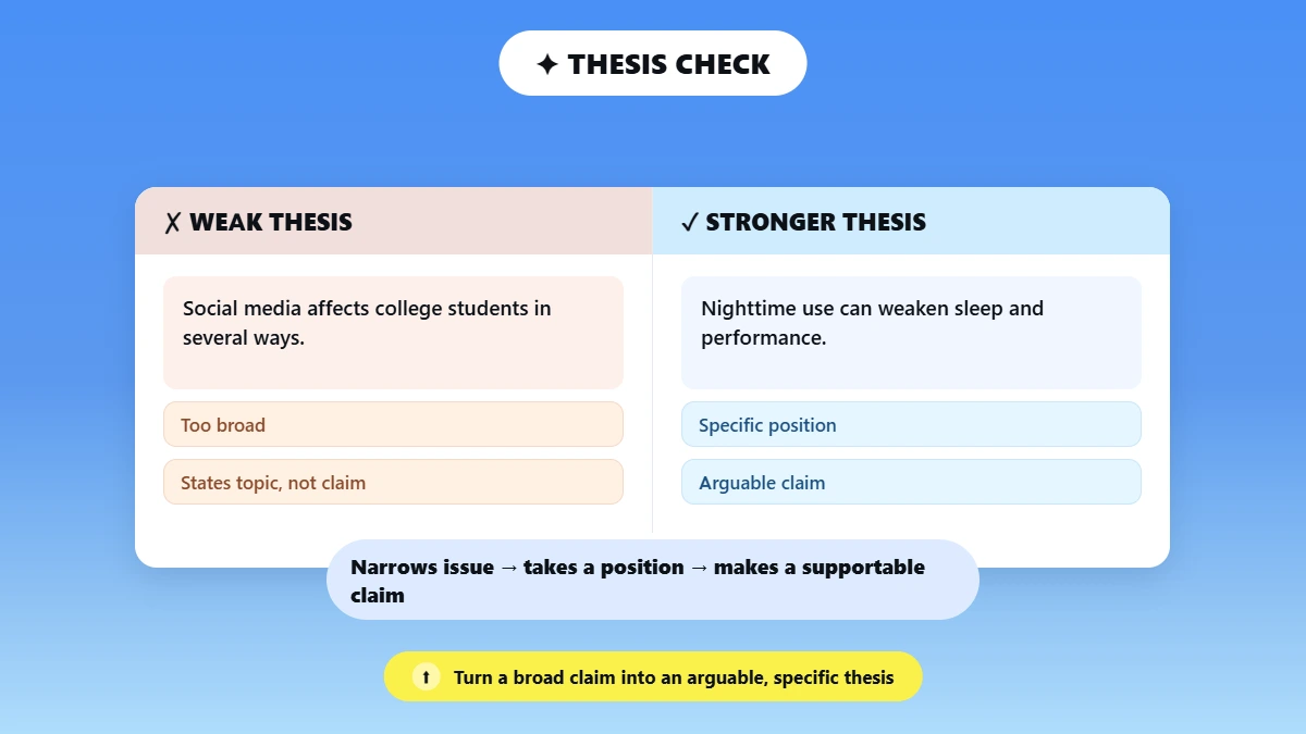 Weak thesis versus stronger thesis comparison columns