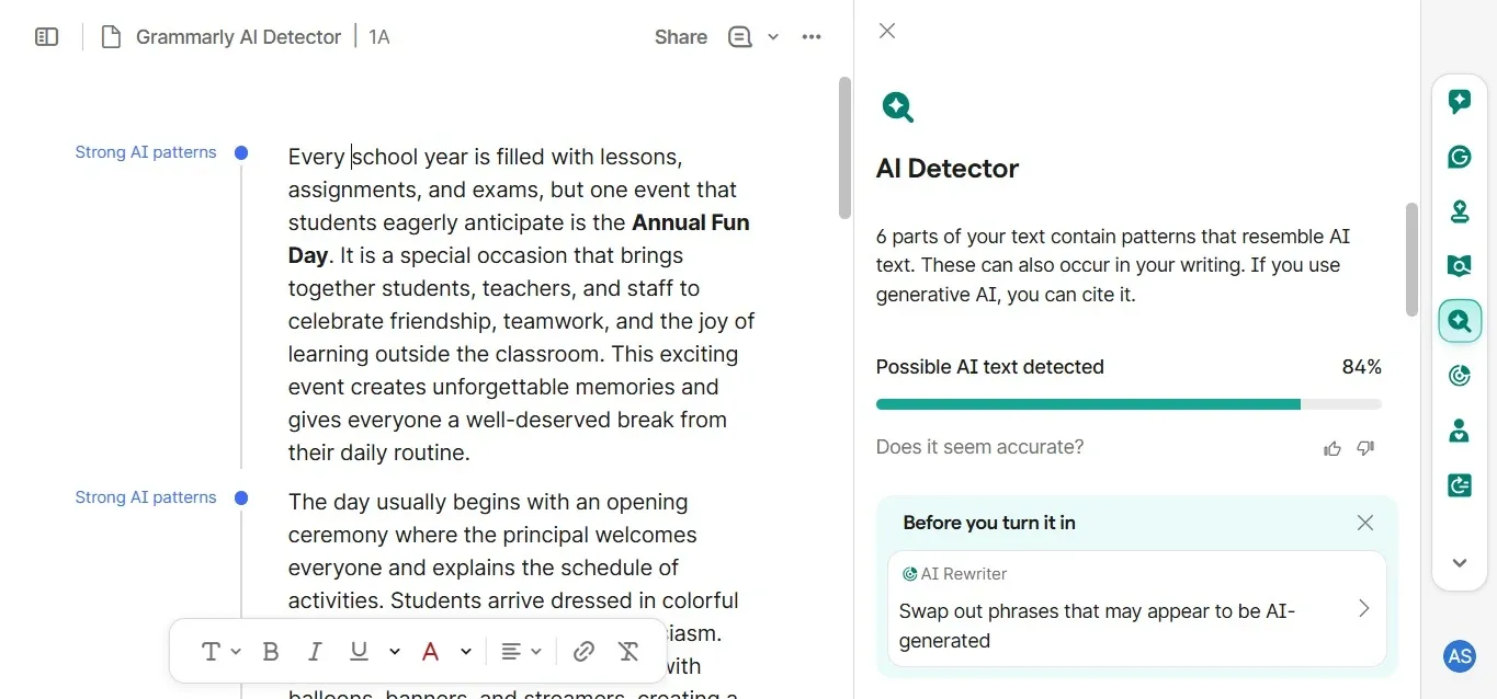 grammarly ai checker accuracy test, fully AI-generated essay score