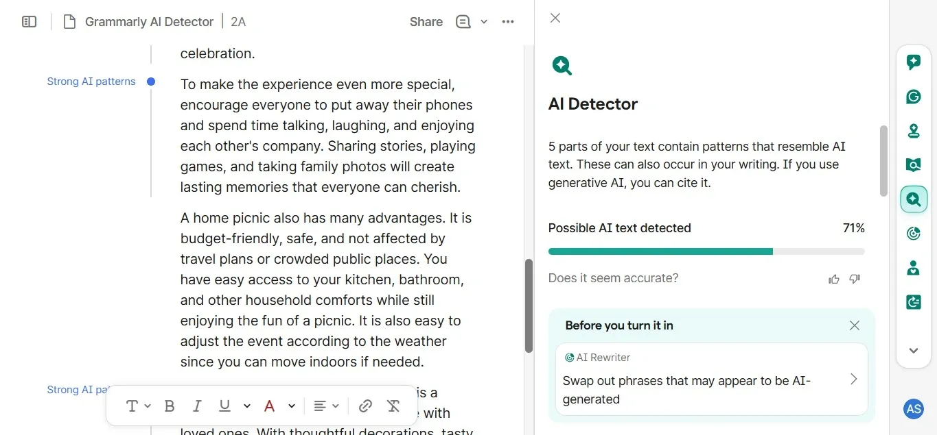 grammarly ai checker test, AI-generated blog post score