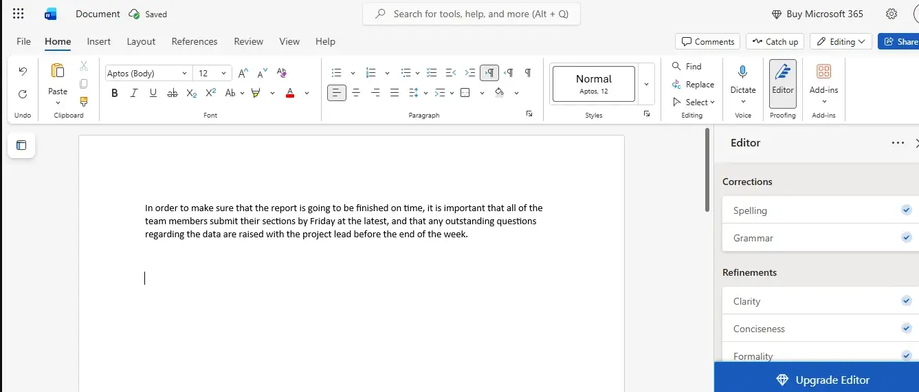 Microsoft Word's built-in Editor pane showing suggestions on a draft paragraph