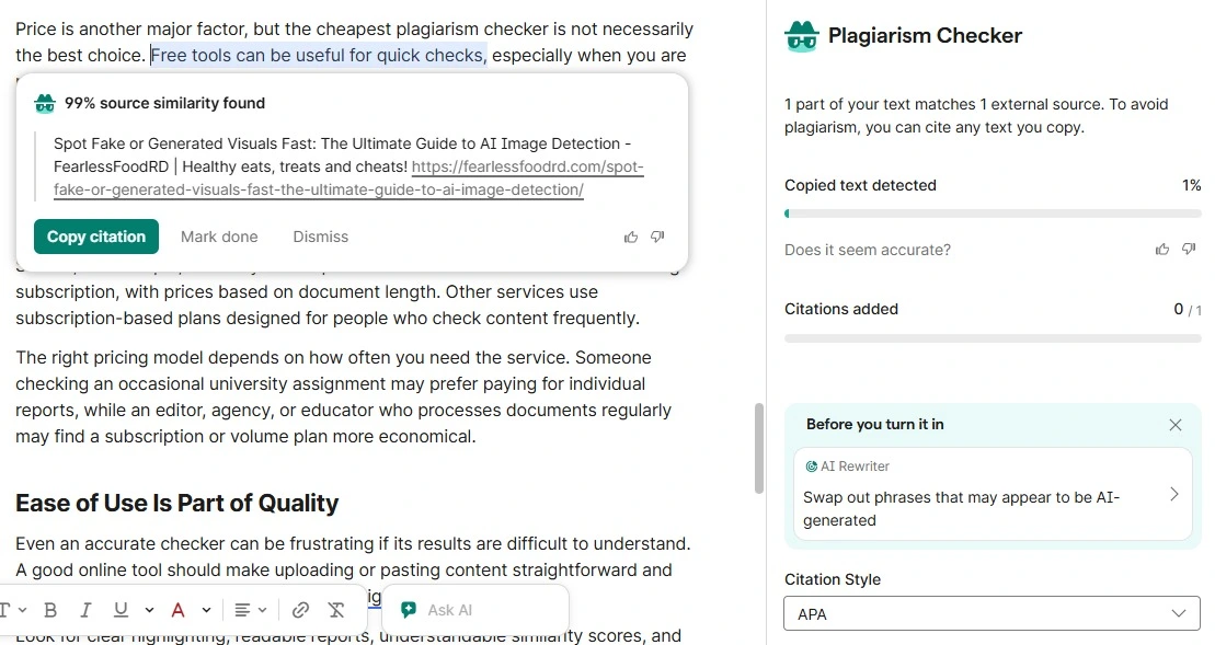 Grammarly plagiarism checker at 1 percent on the same ChatGPT article.
