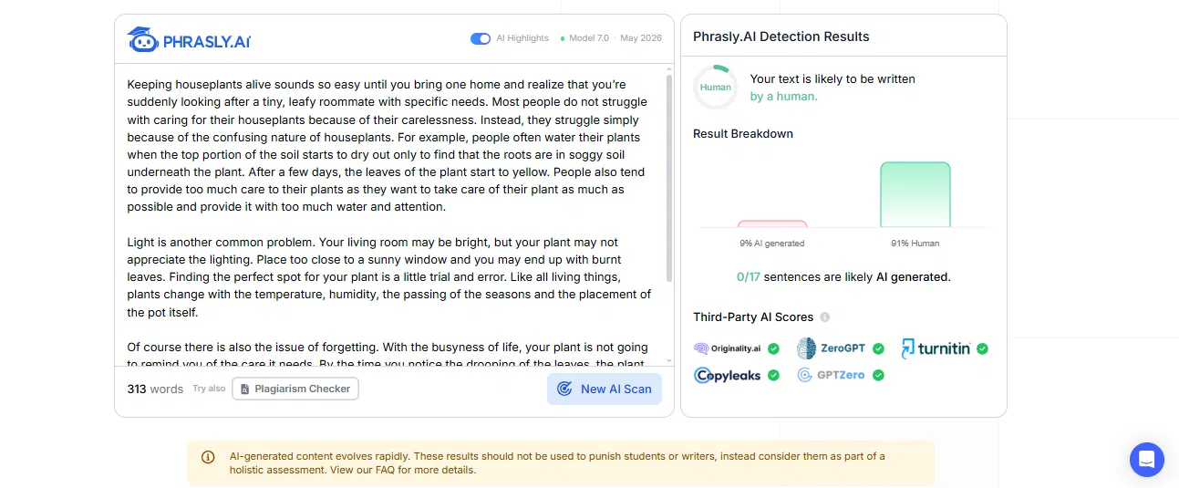 Phrasly AI Detector showing 9% AI on the Grubby rewrite of the casual sample