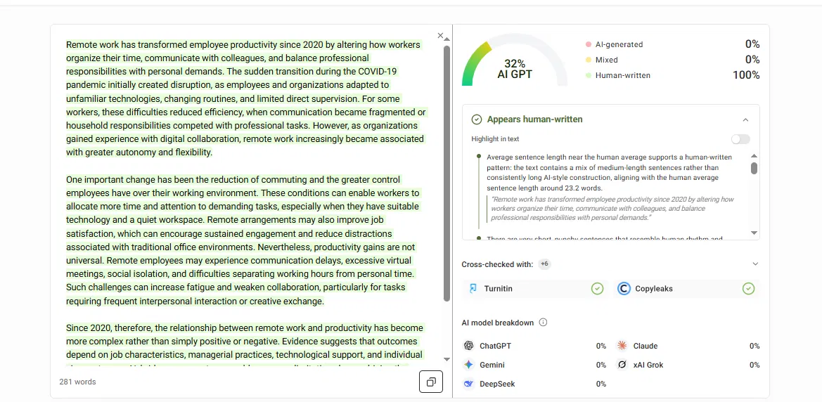GPTZero showing 32% AI and a human-written verdict on the original academic sample