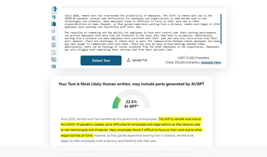 ZeroGPT showing 22.5% AI GPT on the Grubby rewrite of the academic sample