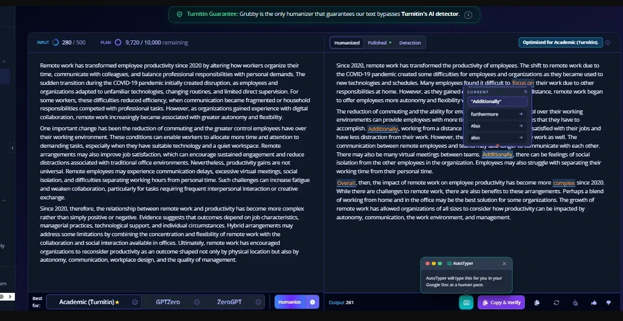 Grubby AI humanizer interface showing input, output and the Academic Turnitin target