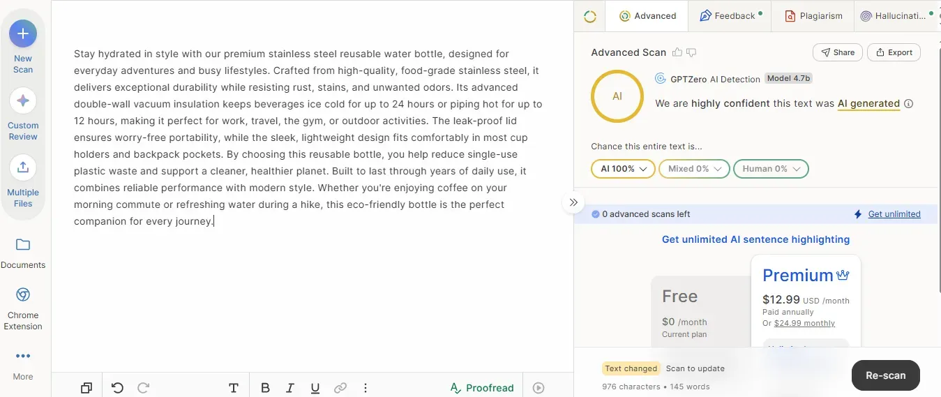 Product description raw AI score