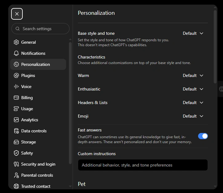 ChatGPT personalization settings showing base style and tone, characteristics, fast answers, and custom instructions.