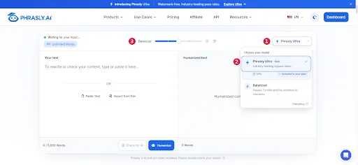 Phrasly AI Humanizer with the model menu open, showing Phrasly Ultra selected and marked Included in your plan, the standard Balanced model listed below it, and the Ultra mode slider set to Balanced.