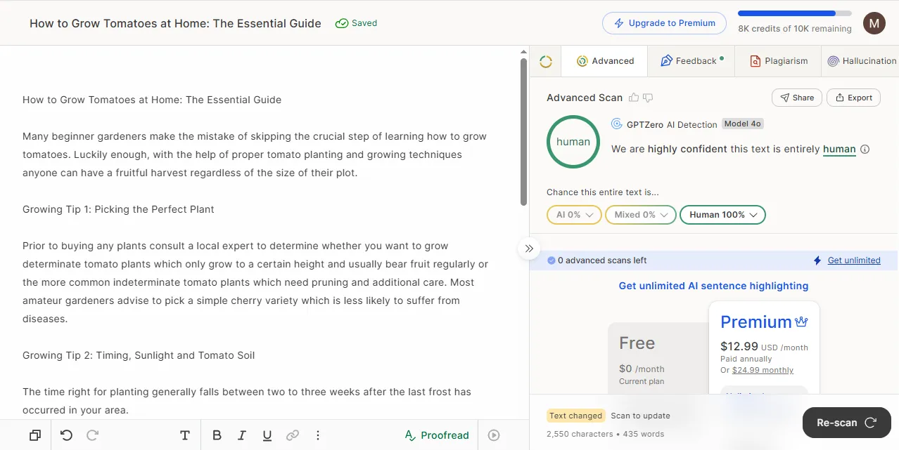 GPTZero Advanced Scan rating Clever's rewritten tomato blog sample 100% human