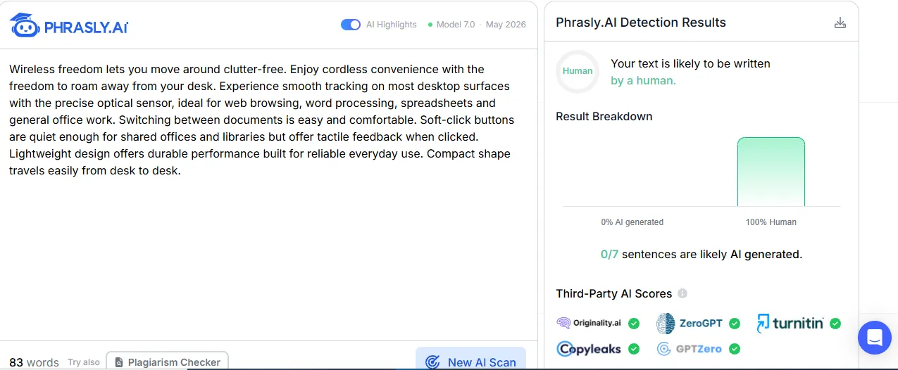 Sample 1 Human + AI Mix Result Phrasly