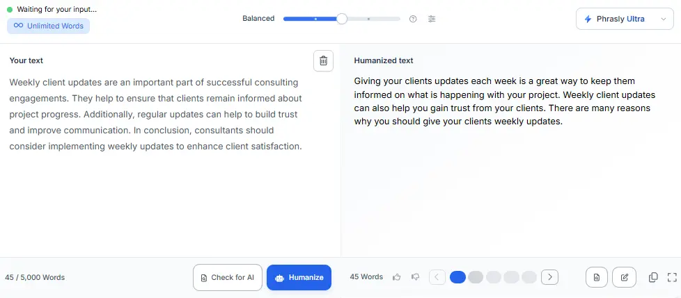 Phrasly Humanizer with Phrasly Ultra in Balanced mode, showing the original consultant paragraph and the humanized output