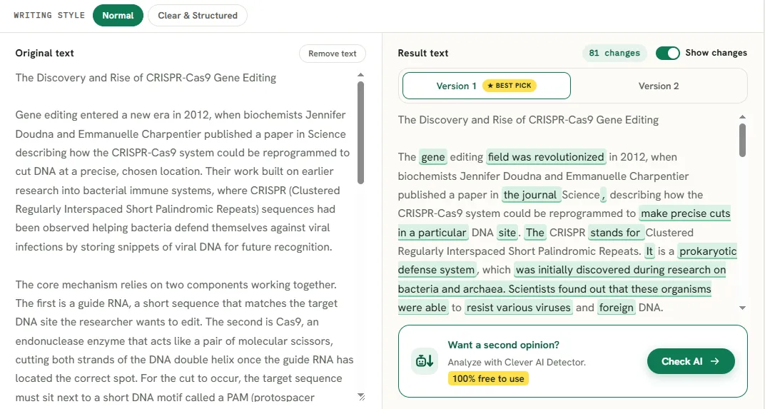 Clever AI Humanizer in Normal mode showing Version 1 of the CRISPR academic sample with 81 changes