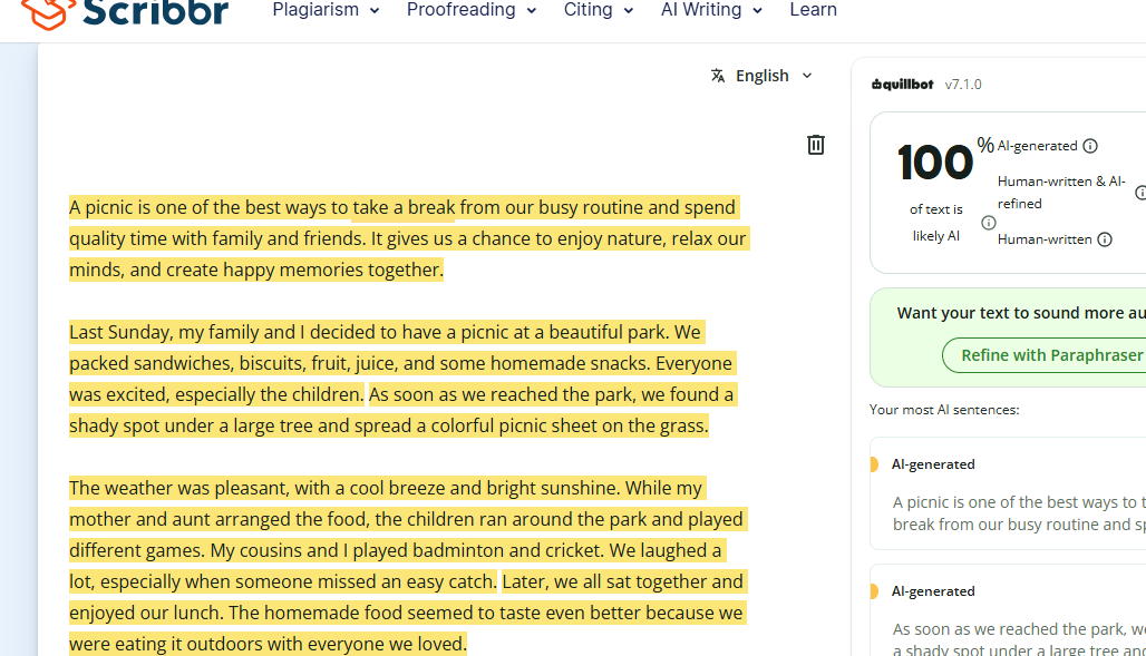 Scribbr AI detector result showing paragraph-level feedback