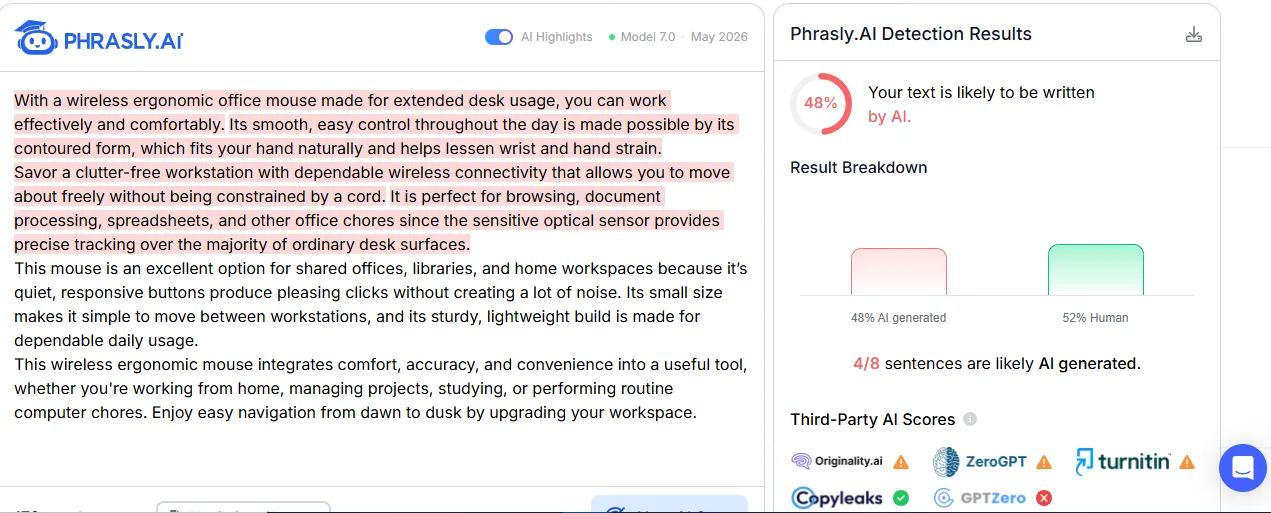 Sample 1 AI + Paraphrase Result Phrasly