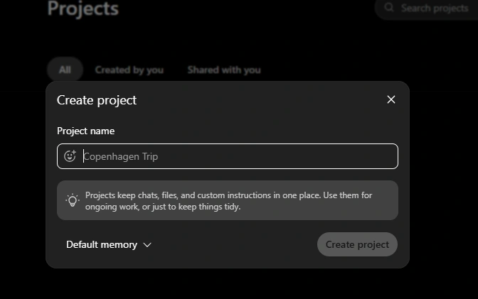 ChatGPT Projects window showing the Create project dialog with a project name field, default memory option, and Create project button.