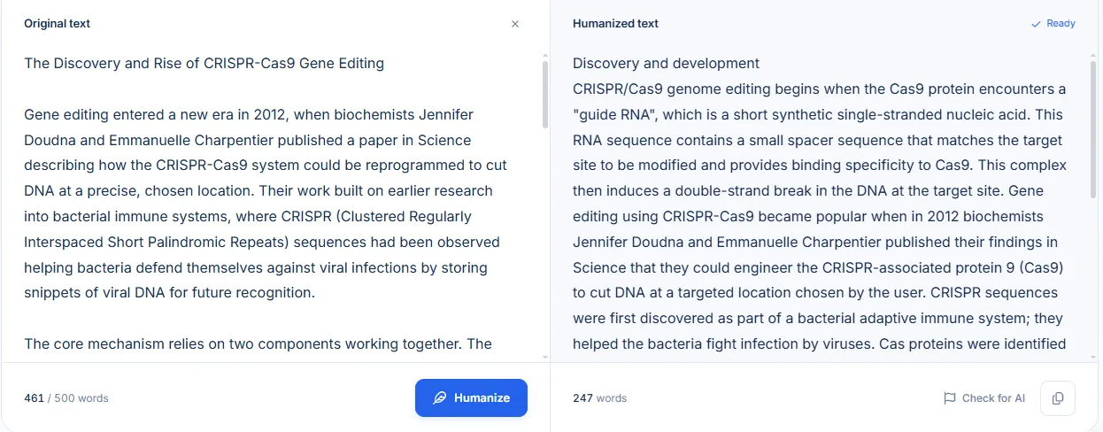 Phrasly guest humanizer shortening the 461-word CRISPR sample to 247 words