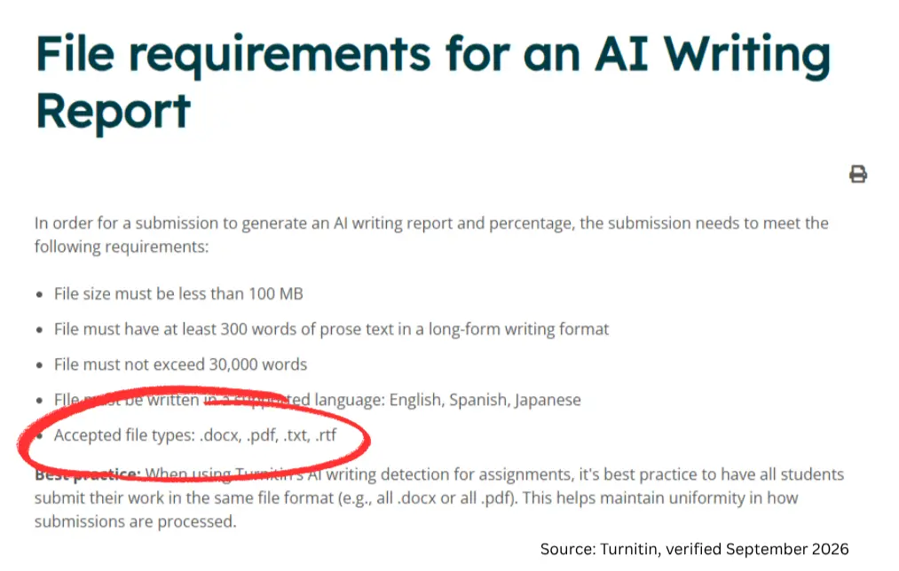 Turnitin help page listing .docx, .pdf, .txt and .rtf as the accepted file types for an AI Writing Report