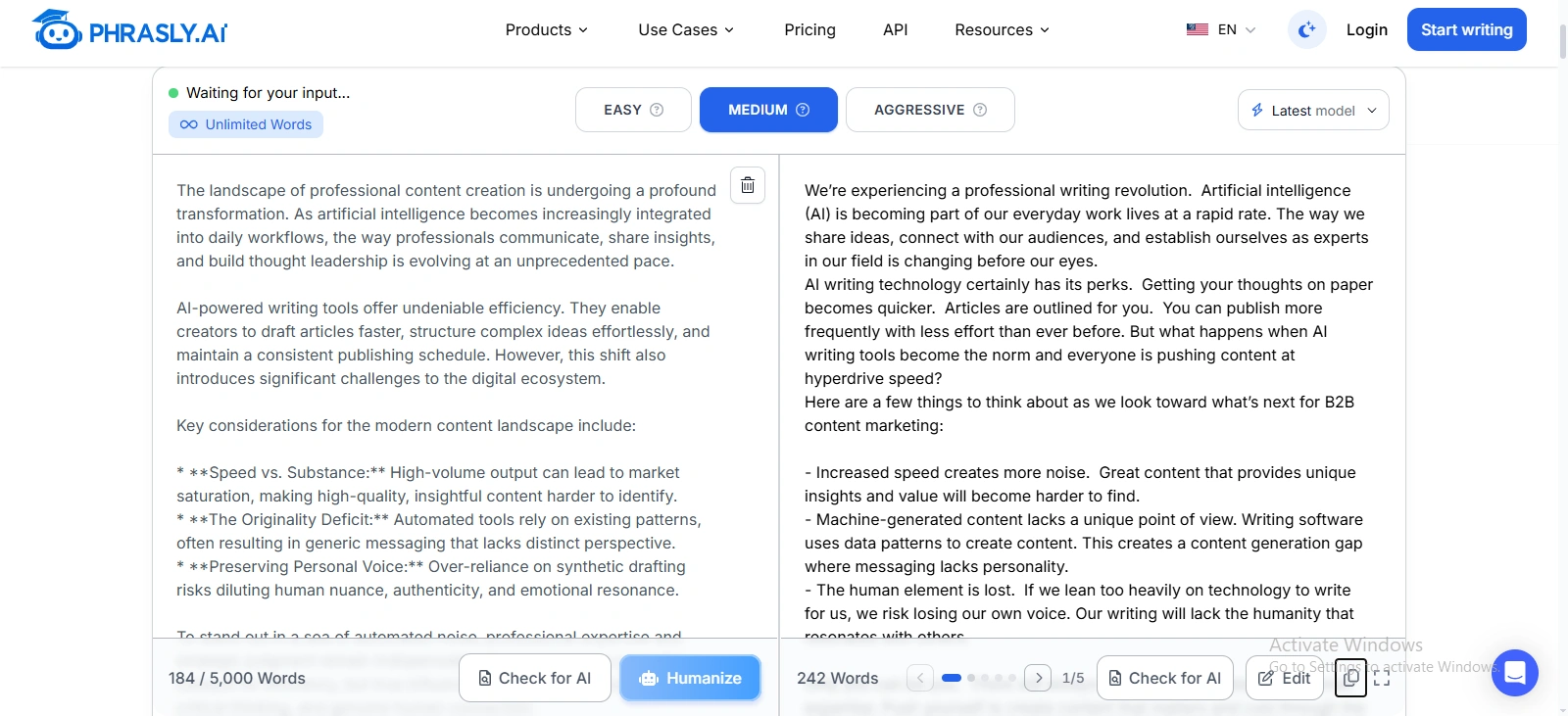 Phrasly AI humanizer interface showing AI-generated content on the left and a more natural rewritten version on the right.