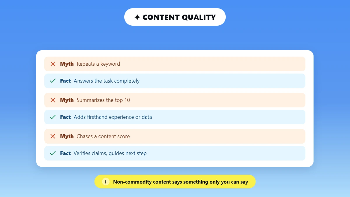 Myth and fact pairs contrasting optimized-looking content with genuinely useful content