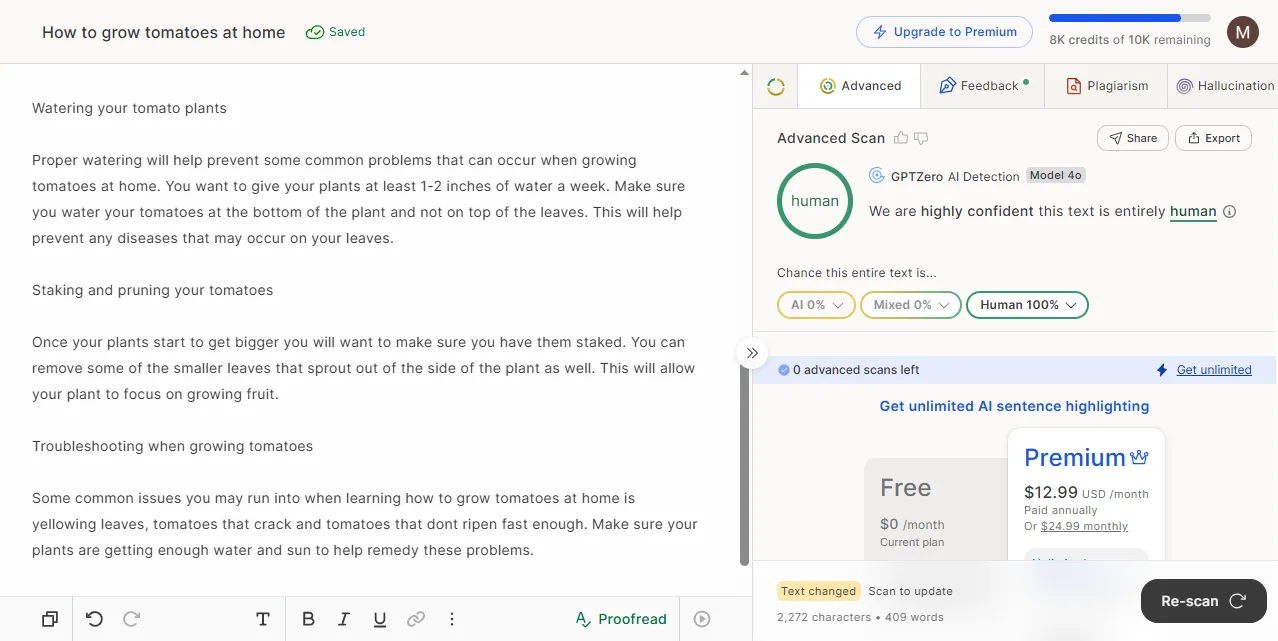 GPTZero Advanced Scan rating Phrasly's rewritten tomato blog sample 100% human