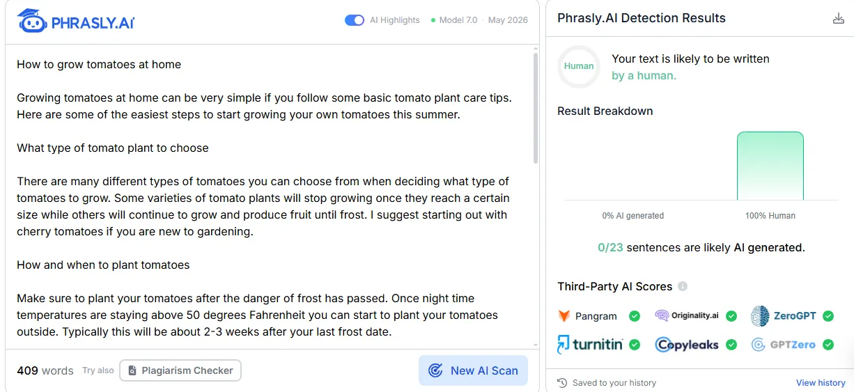 Phrasly AI Detector scoring Phrasly's tomato blog output 100% human with 0 of 23 sentences flagged