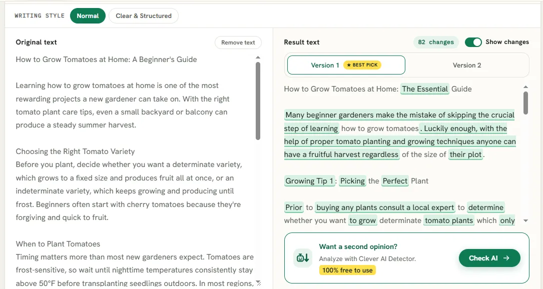 Clever AI Humanizer in Normal mode rewriting the tomato-growing blog sample with 82 changes