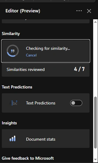 Microsoft Word Editor showing the Similarity Checker scanning a document, with 4 of 7 similarities reviewed.