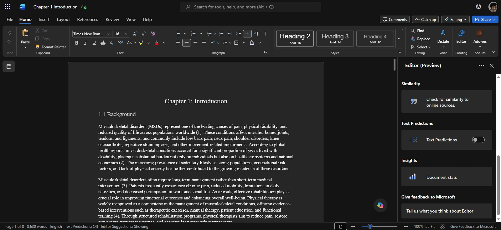Microsoft Word Editor Preview showing the Similarity Checker option for checking a document against online sources.