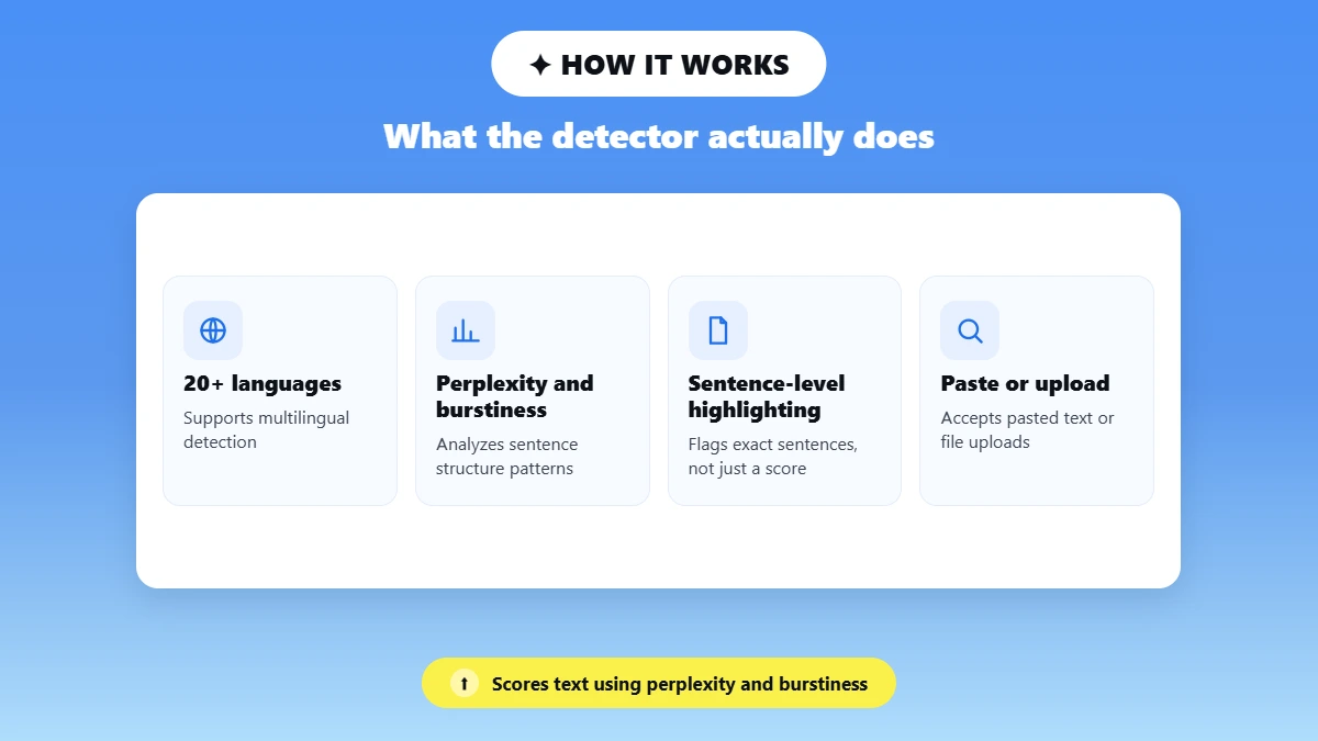Icon row of Walter detector features: languages, perplexity, highlighting, uploads