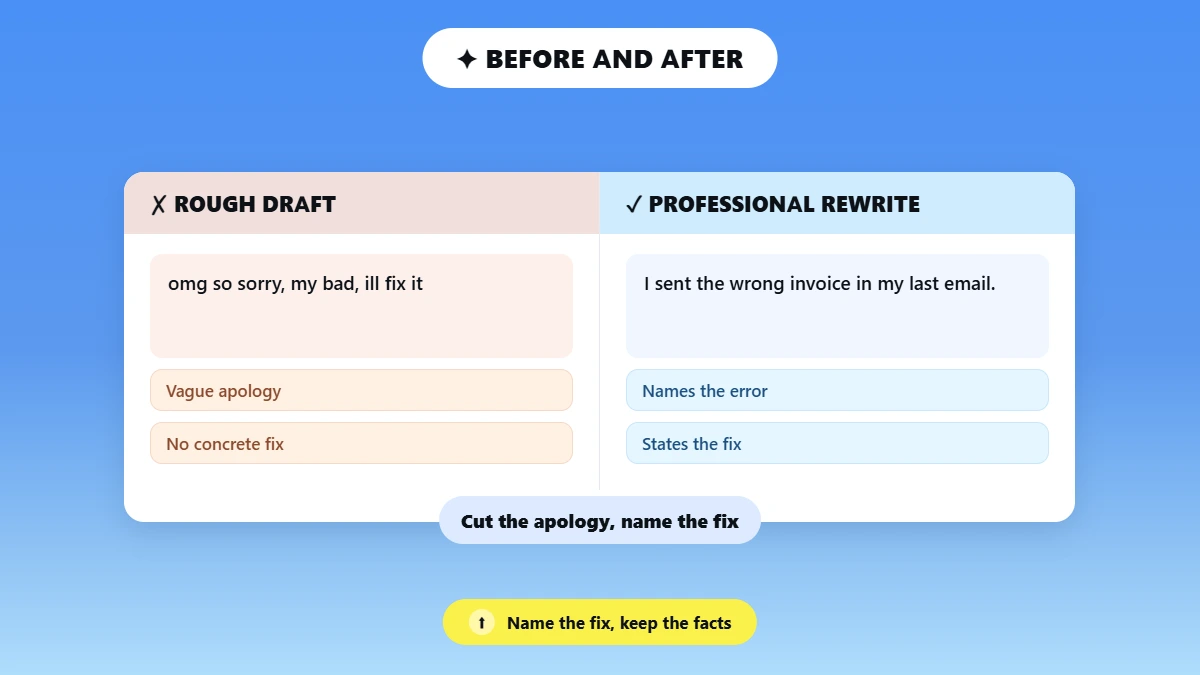Rough draft apology email compared to its professional rewrite