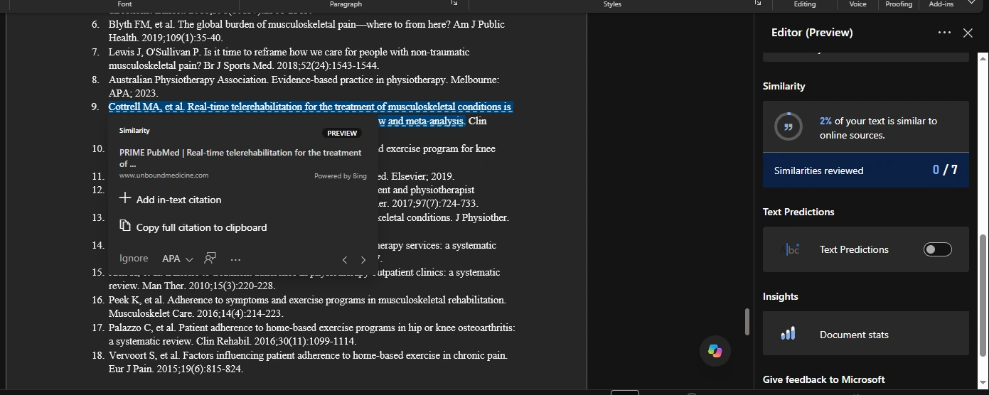 Microsoft Word Editor showing a 2% similarity result with an online source and an option to add an in-text citation.
