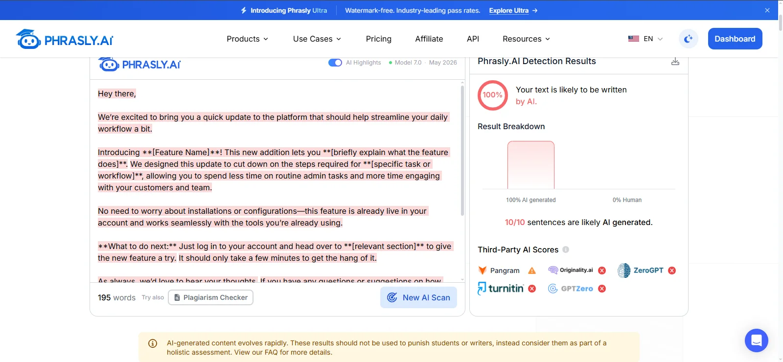 Phrasly AI Detector 100 percent AI result for Ahrefs humanized marketing email sample