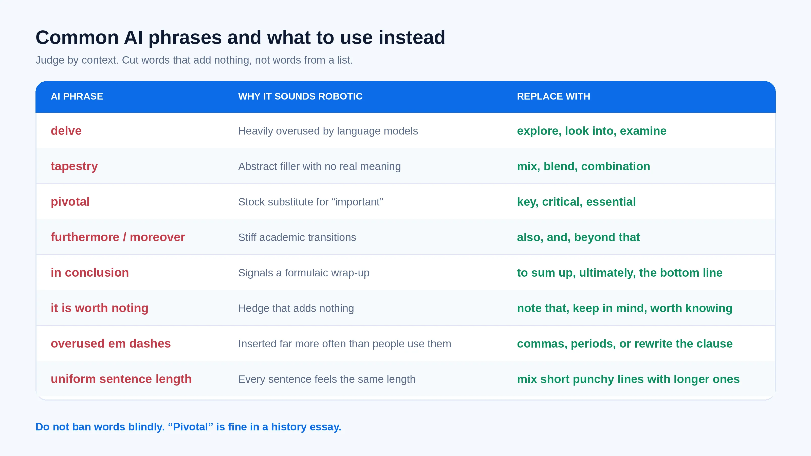 Table of common AI phrases with natural replacements.
