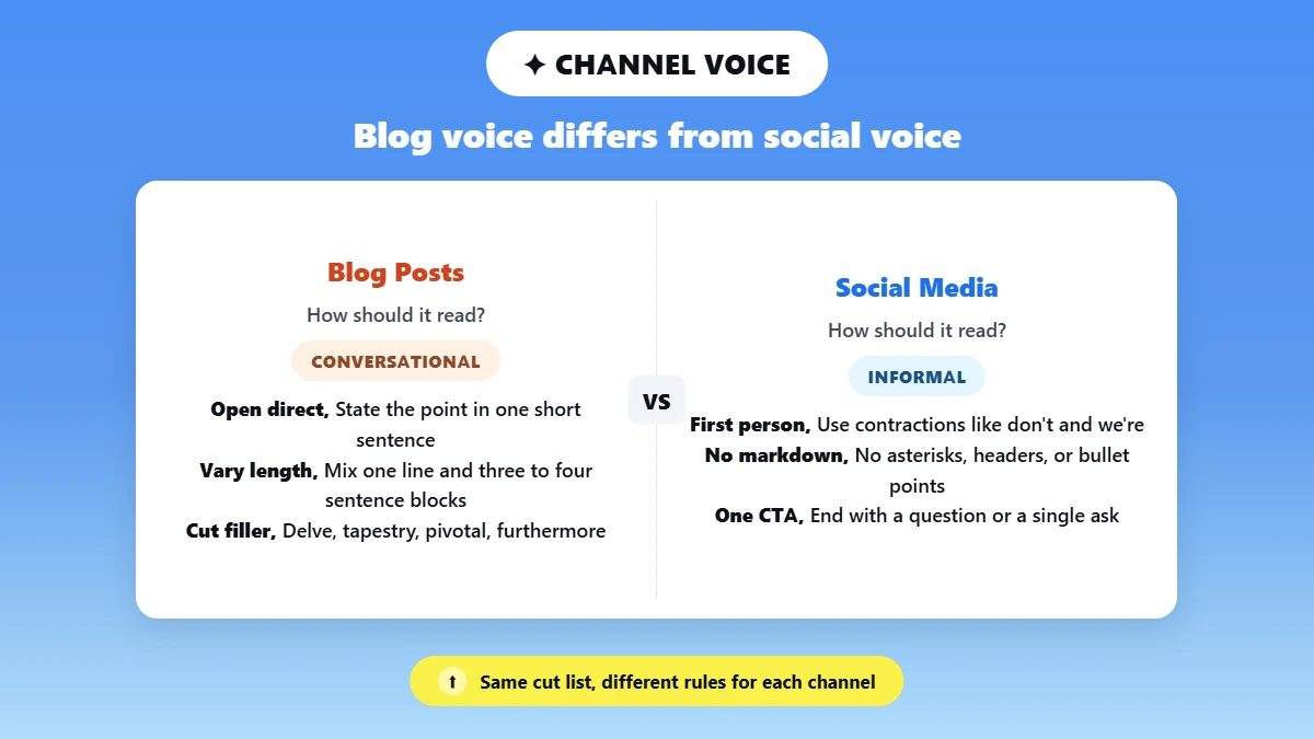 Split card comparing blog post voice rules with social media voice rules