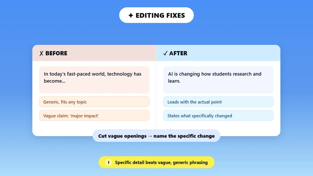 Before and after comparison of generic vs specific AI writing fixes