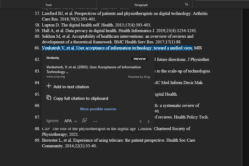 Microsoft Word Editor showing a highlighted matching source with similarity details and options to add or copy a citation.