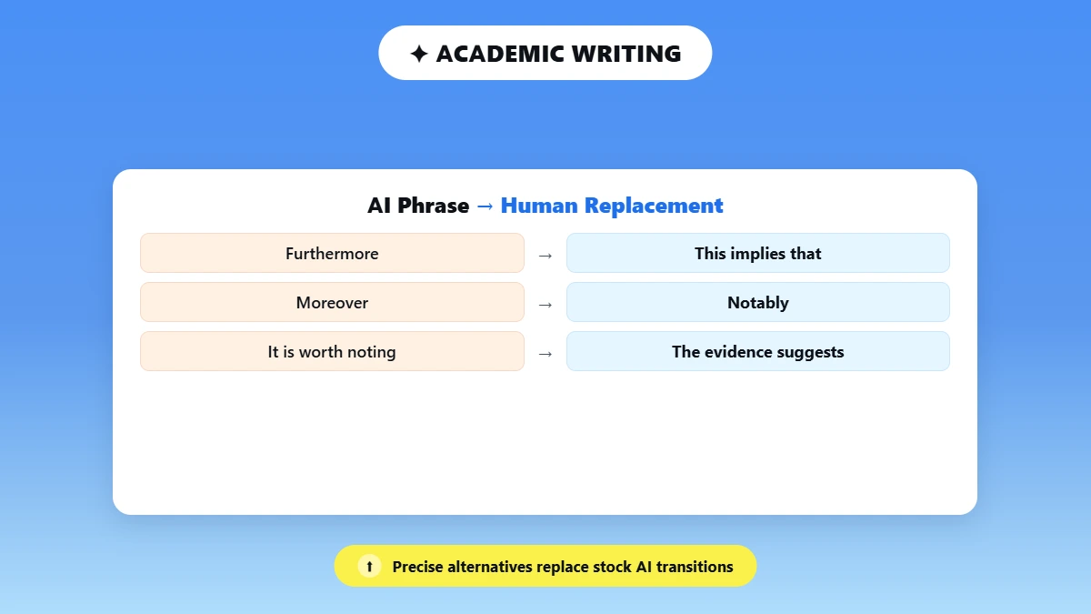Table swapping AI transition phrases for precise academic alternatives