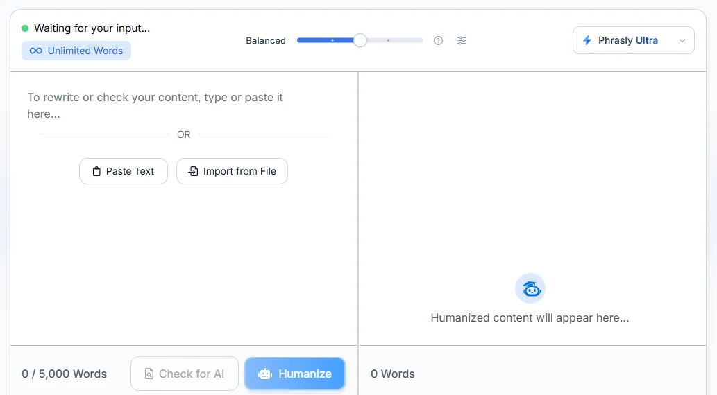 Phrasly Ultra model selector with Balanced mode selected