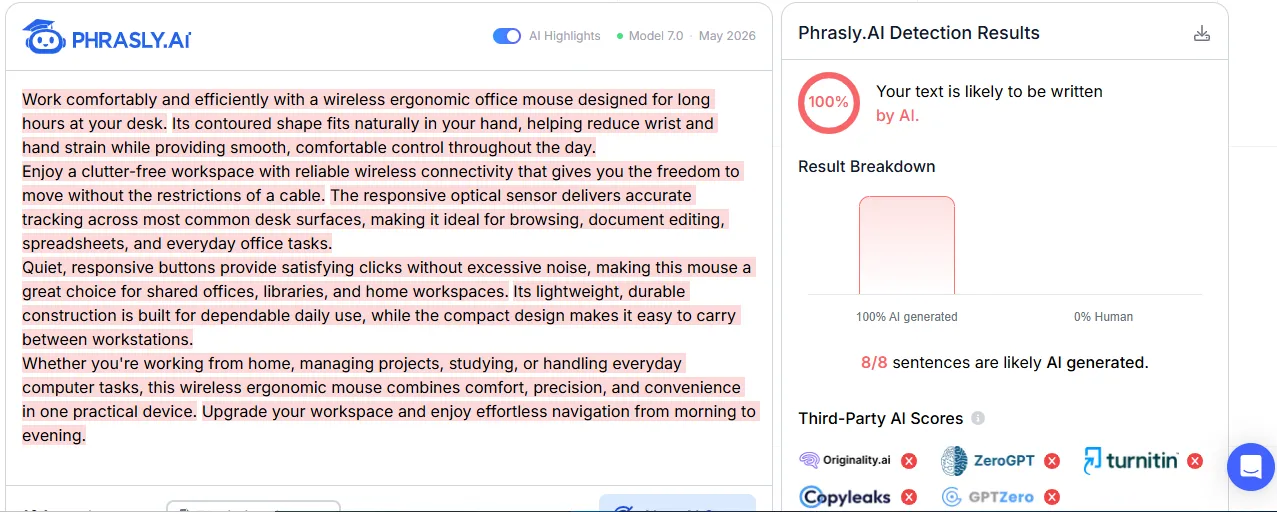 Sample 1 Pure AI Result Phrasly