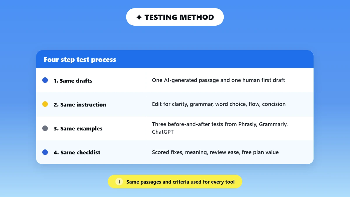 Four step diagram of how the AI editing tools were tested